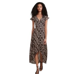 Aritzia Talula Moxon dress, printed ruffled hi-low v-neck faux wrap dress, sz 6